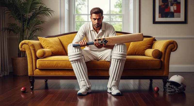 Golden Sofa with Cricketer Watching Bat - Scene Description