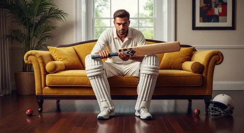 Golden Sofa with South Asian Male Cricketer - Scene Description