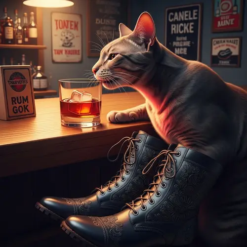 Sophisticated Cat in Boots Enjoying Rum at Vintage Bar