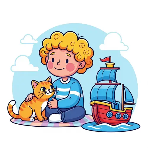 Playful Cartoon Illustration of Boy with Feline and Toy Ship