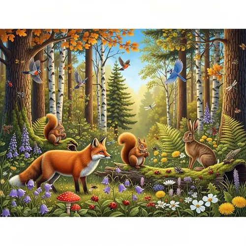 Forest Animals and Birds Illustration in Nature Scene
