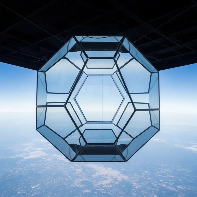Suspended Glass Icosahedron | Futuristic Architectural 4K Photography