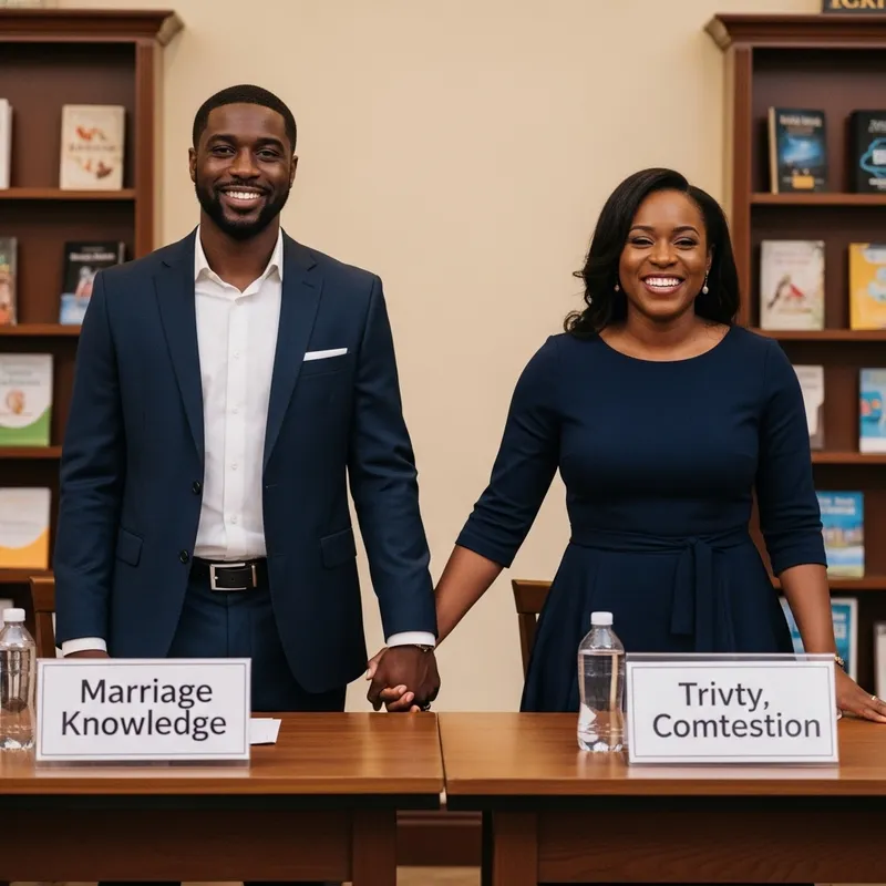 Joyful Black Couple Preparing for Marriage Knowledge Competition