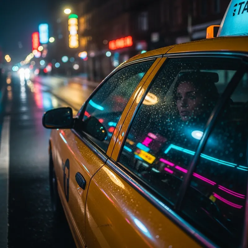 Mysterious Night Taxi Scene with Enigmatic Silhouette