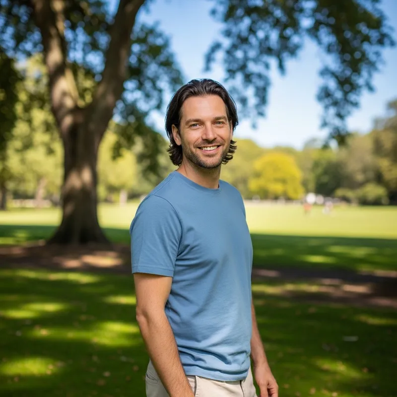 Happy Individual in Casual Attire Outdoors