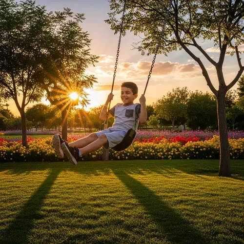 Middle-Eastern Boy Playing in Park At Sunset
