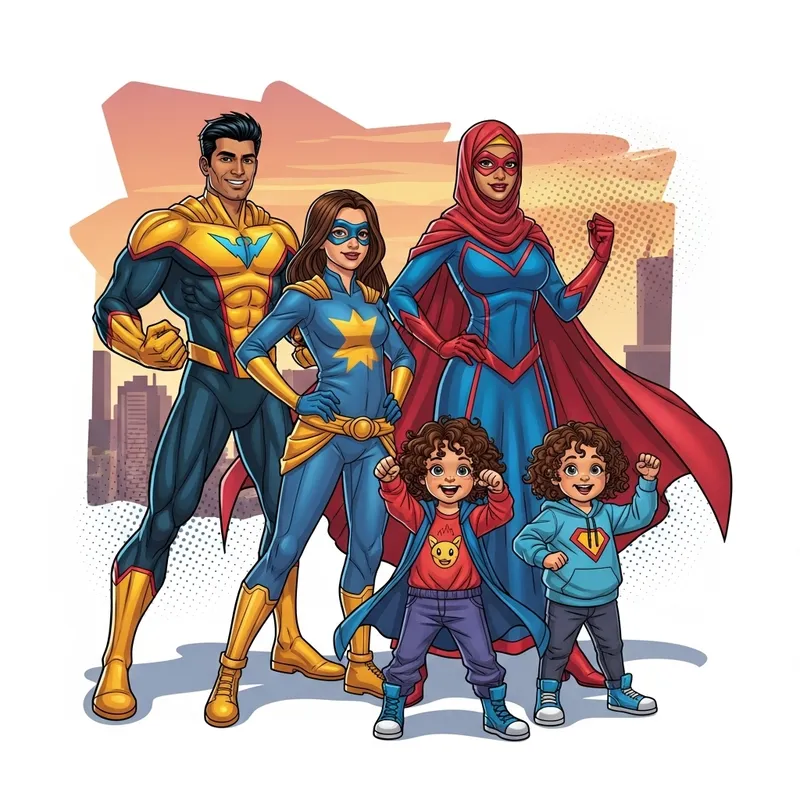 Superhero Family of Four: Vibrant Comic Book Illustration