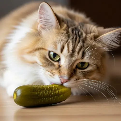 Fluffy Cat Eating Salty Pickle