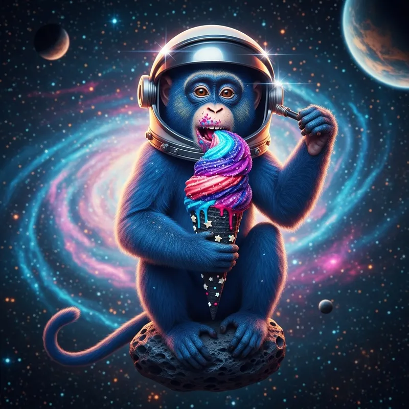 Blue Monkey Eating Space Ice Cream
