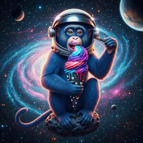 Blue Monkey Eating Space-Themed Ice Cream