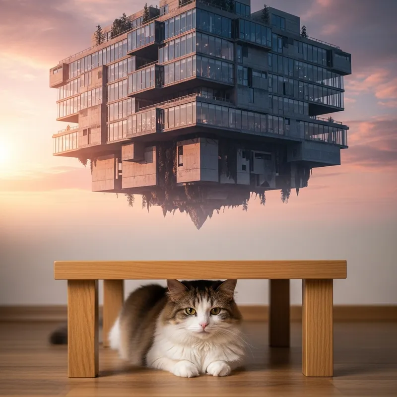 Adorable Cat Under Table with Surreal Building Above