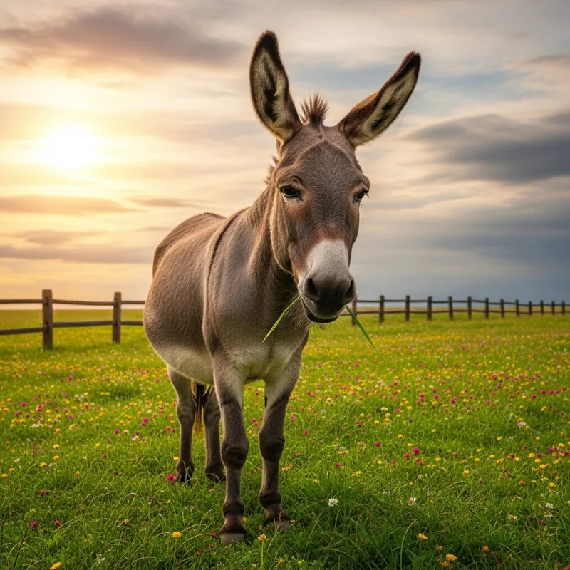 Grumpy Donkey in Green Pasture