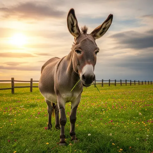 Grumpy Donkey Standing in Lush Meadow