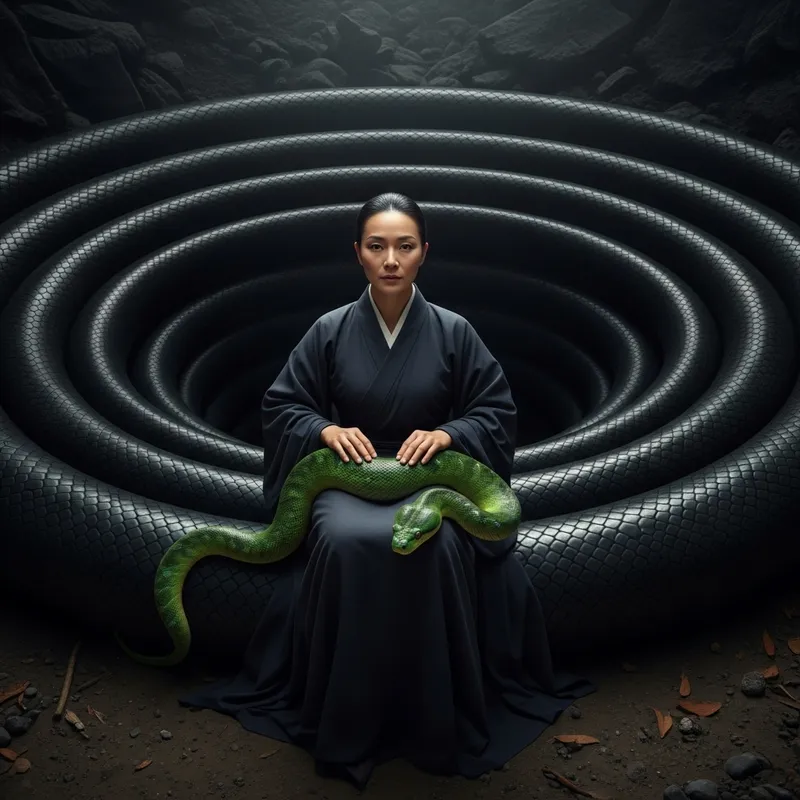 Woman in Dark Pit with Snake: A Surreal Scene