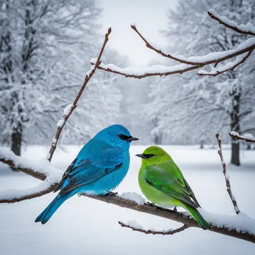 Vibrant Blue and Green Birds in Winter Landscape
