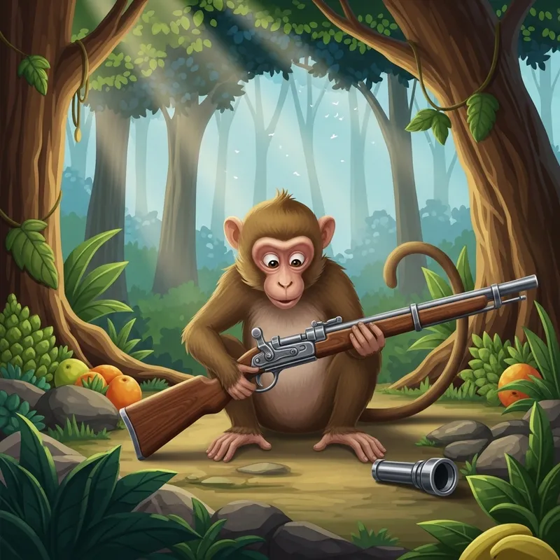 Intelligent Monkey and Vintage Gun in Serene Forest