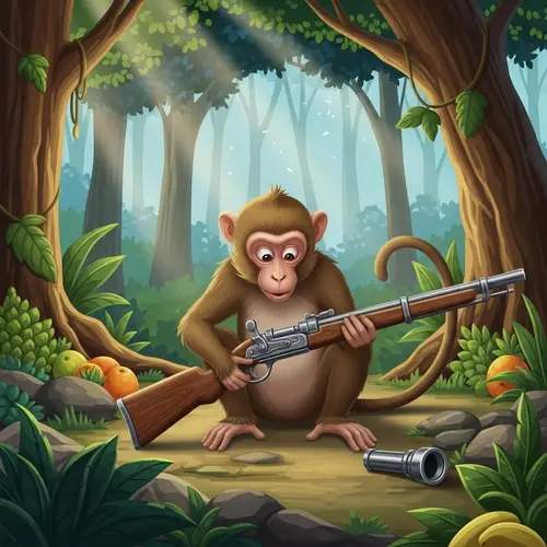 Intelligent Monkey Exploring Obsolete Musket in Enchanted Forest