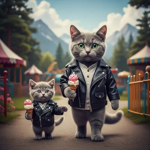 Adorable Gray Cat in Leather Jacket Buying Ice Cream at Amusement Park