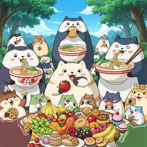 Whimsical Totoros Feasting on Delicious Foods in Enchanting Forest Scene