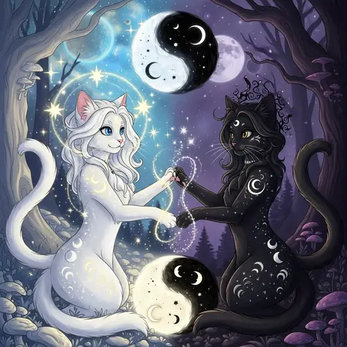 Cat Witches in Serene Harmony: Light vs Dark | Yin Yang Balance