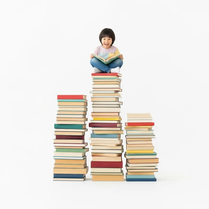 High Stacks of Books with Child Sitting - Minimalist Scene