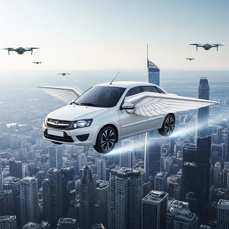 Futuristic White Lada Granta with Wings Soaring over Cityscape