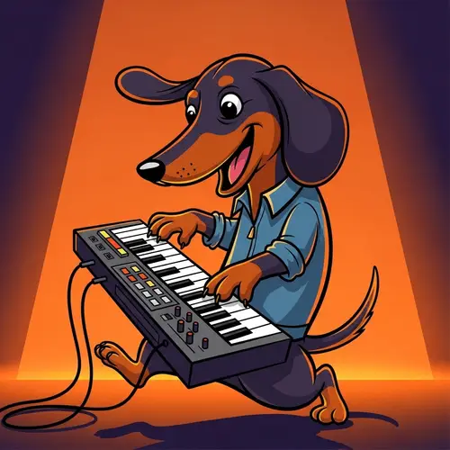 Retro Dachshund Keyboard Soundboard: Vibrant 80s T-Shirt Design
