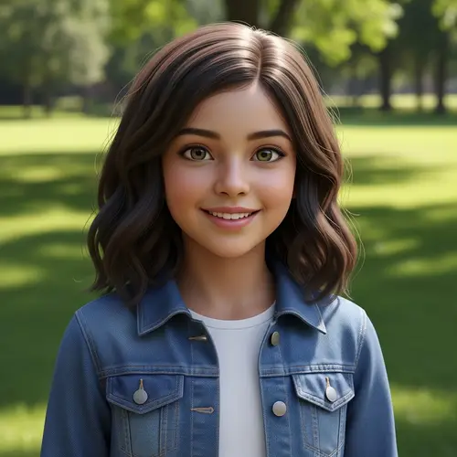 Young Girl with Wavy Brunette Hair in Casual Denim Jacket | Green Park Scene