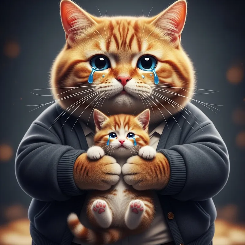 Grieving Red Cat in Realistic Photo Crying with Kitten Grieving Red Cat in Realistic Photo Crying with Kitten