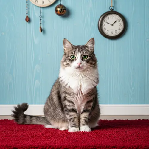 Gray and White Domestic Cat Sitting on Red Rug