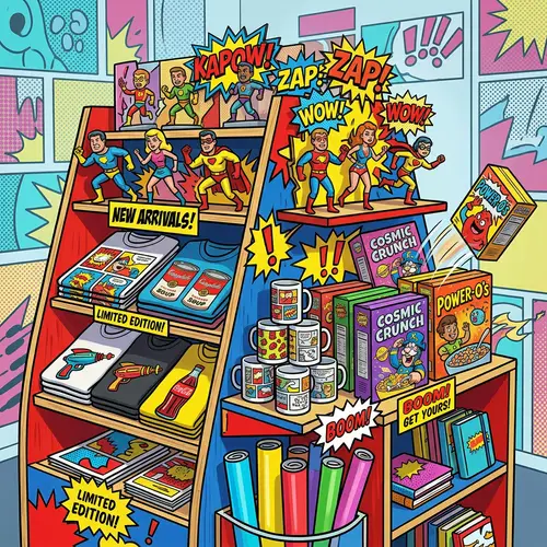 Colorful Pop Art Merchandise Display | Energetic Products Showcase