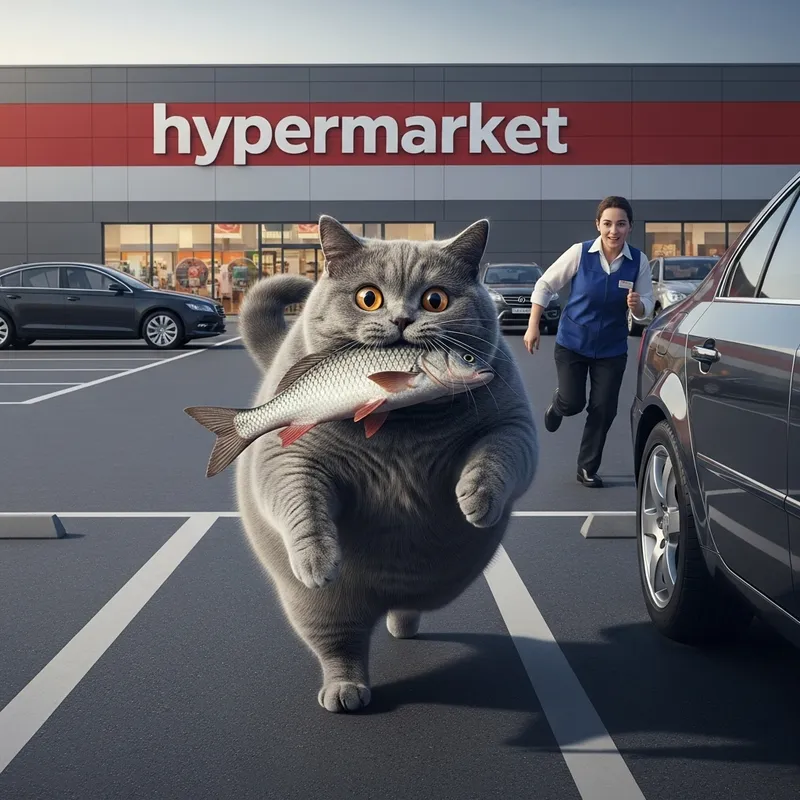 Big Gray British Cat with Fish in Parking Lot, Running in Fear Big Gray British Cat with Fish in Parking Lot, Running in Fear