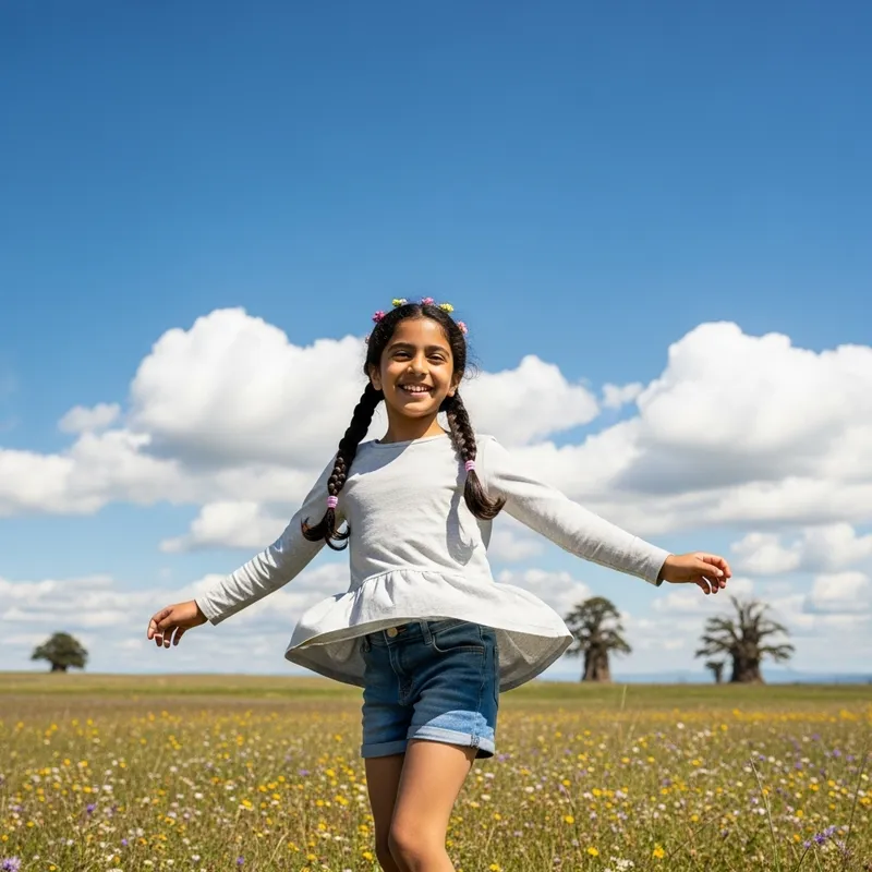 Joyful Middle Eastern Girl Dancing in Wildflower Field Joyful Middle Eastern Girl Dancing in Wildflower Field