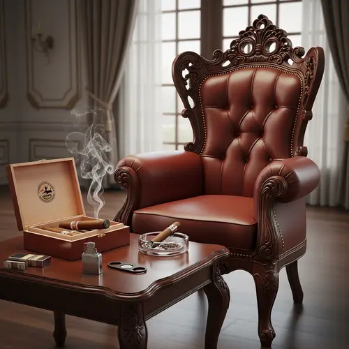 Regal High Back Chair & Wooden Table with Cigar Box in Dim-Lighted Room