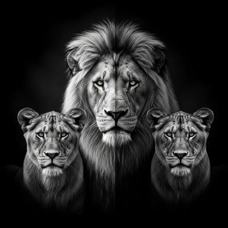 Majestic Lion & Lionesses Split in Monochrome View Majestic Lion & Lionesses Split in Monochrome View