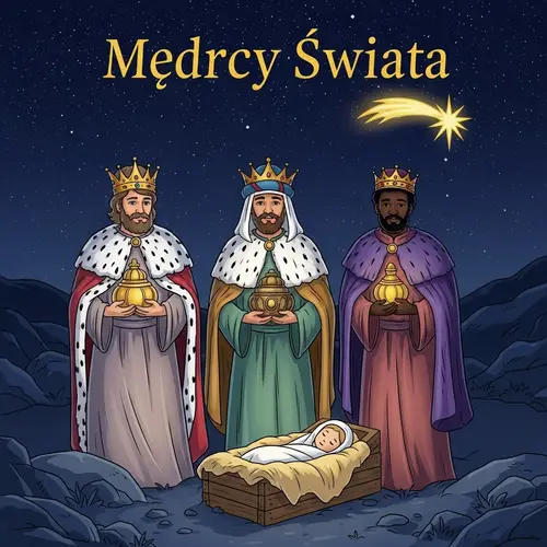 Mędrcy świata Nativity Scene with Three Kings Carrying Gold, Myrrh, and Frankincense
