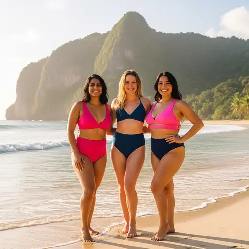 Diverse Women in Colorful Bikinis on Tropical Beach