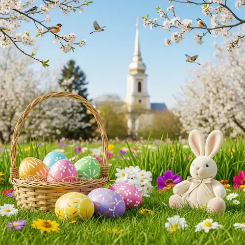 Enchanting Easter Scene with Vibrant Eggs and Plush Bunny