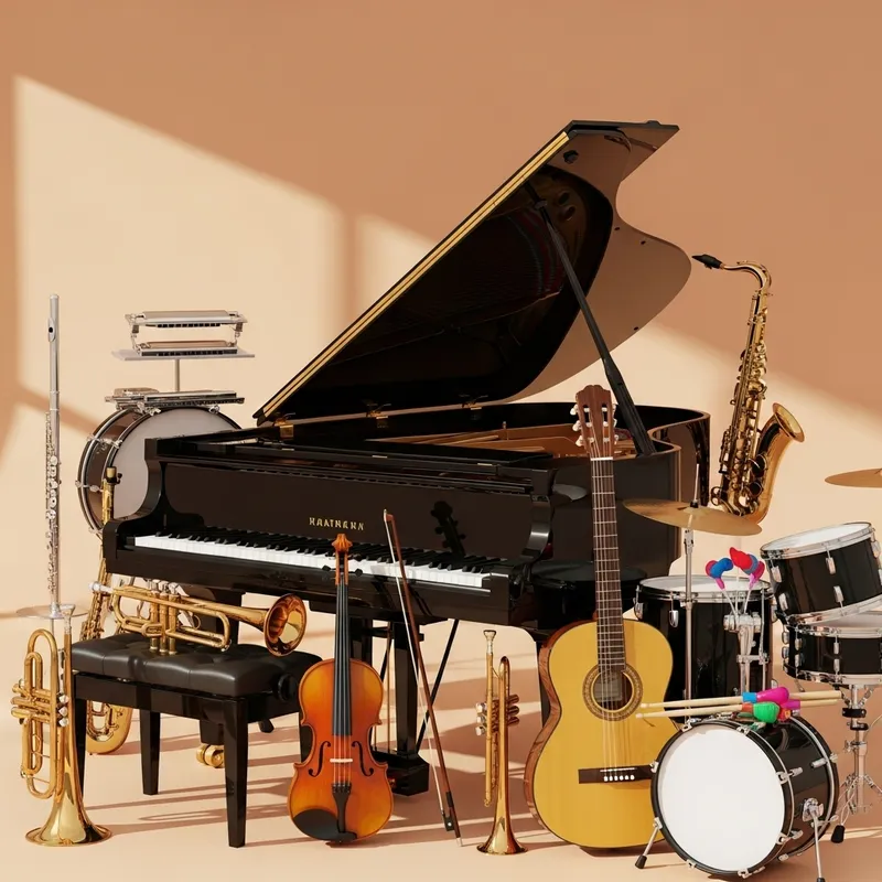 Musical Instruments Scene: Piano, Trumpet, Violin, Guitar, Drums & More Musical Instruments Scene: Piano, Trumpet, Violin, Guitar, Drums & More