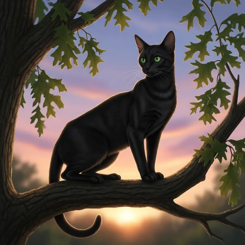 Domestic Shorthaired Cat on Oak Tree - Cute Feline Image Domestic Shorthaired Cat on Oak Tree - Cute Feline Image