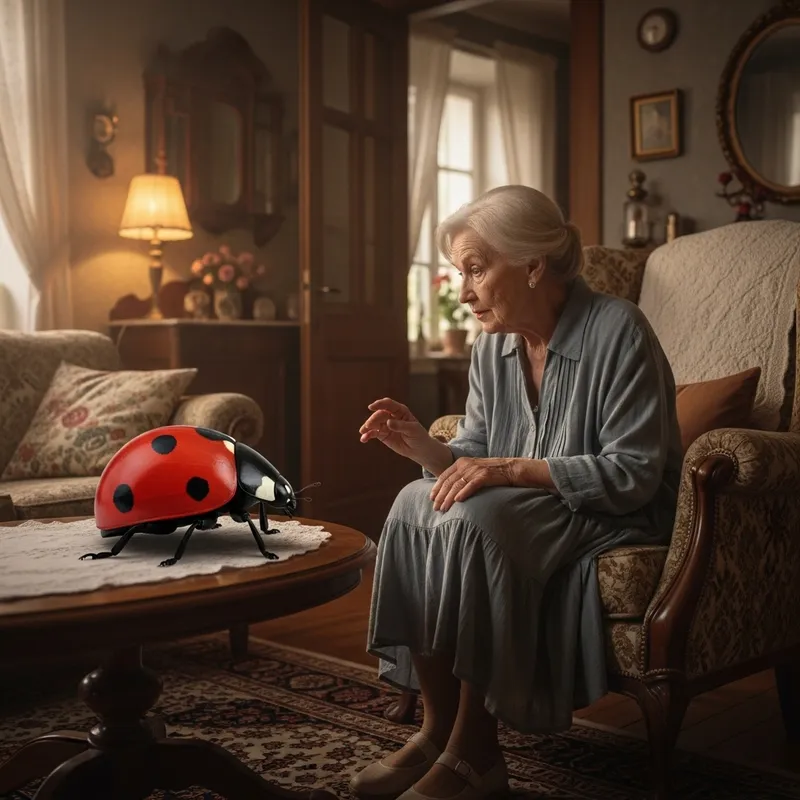 Enchanting Encounter: Elderly Lady Conversing with Giant Insect