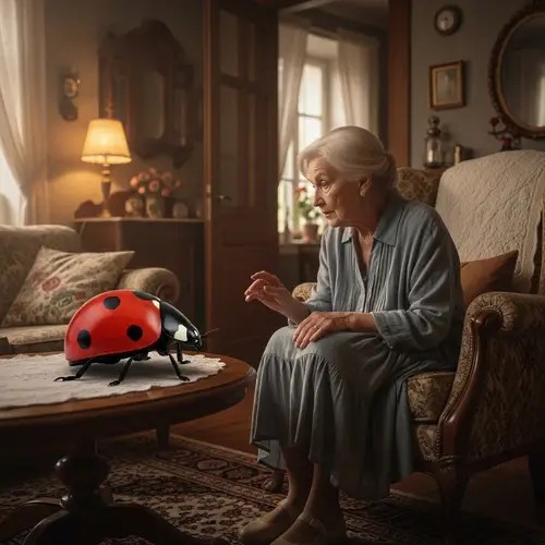 Elderly Lady Chatting with Gentle Giant Insect