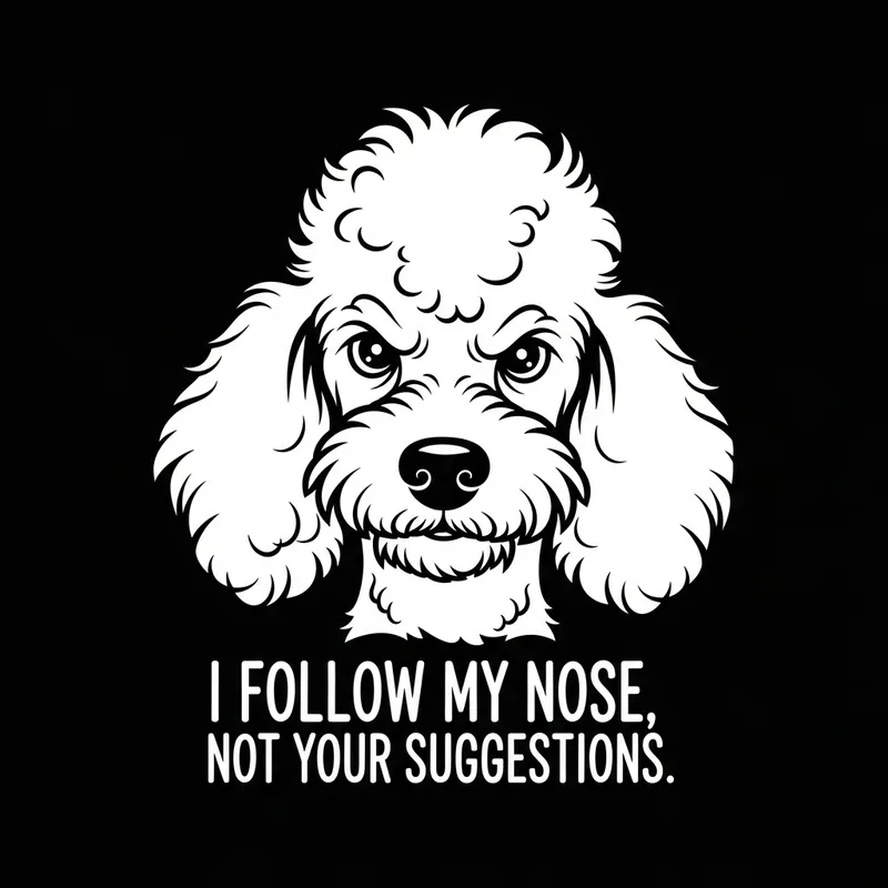 Whimsical Poodle Illustration with Playful Text on Retro Black Background Whimsical Poodle Illustration with Playful Text on Retro Black Background