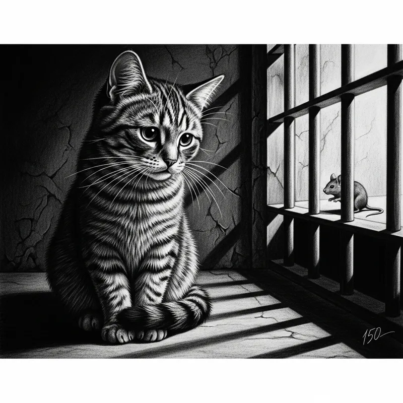 Melancholic Cat in a Grayscale Prison Cell