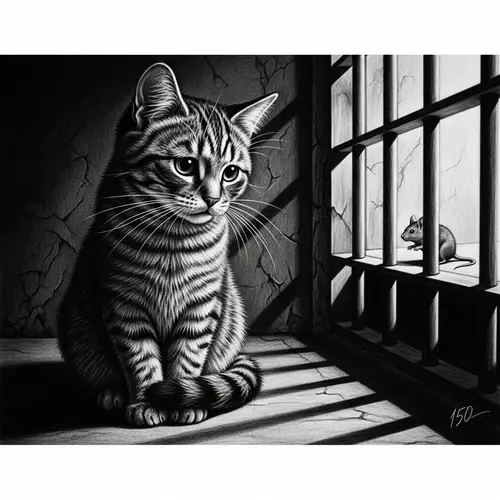 Melancholic Cat in a Grayscale Prison Cell