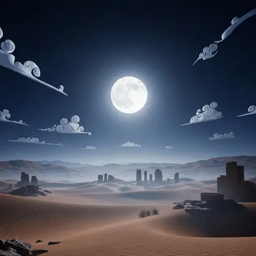 Desert in Anime Style: Night, Moon, Stars, Antique Ruins
