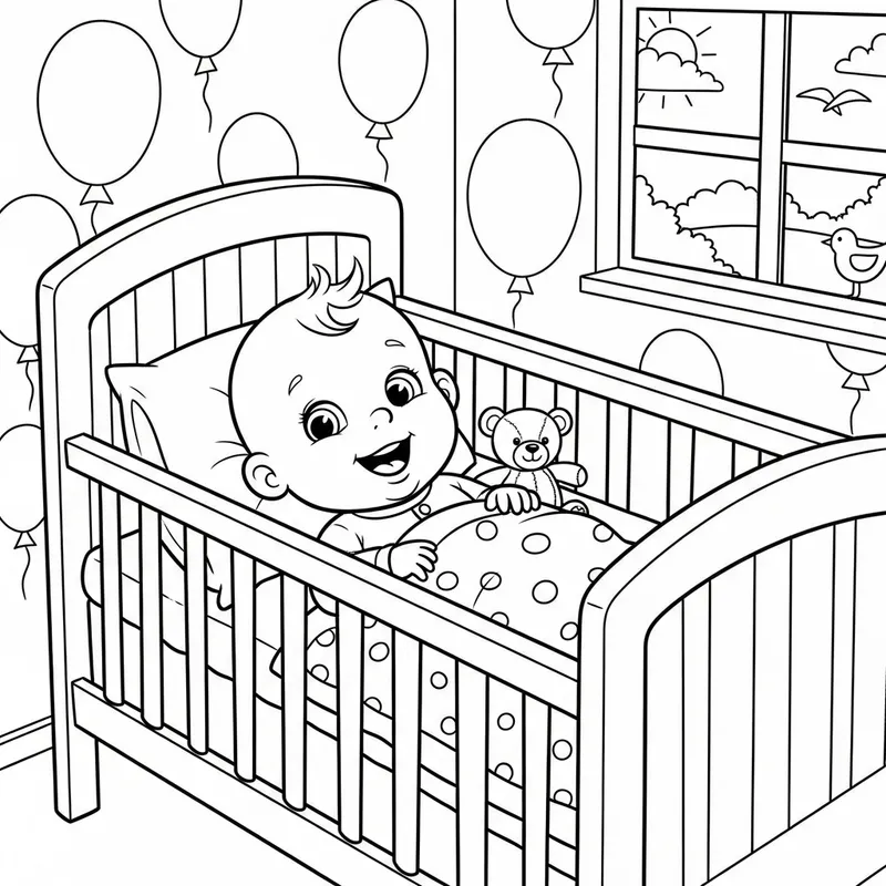 Happy Baby in a Crib Black and White Coloring Book