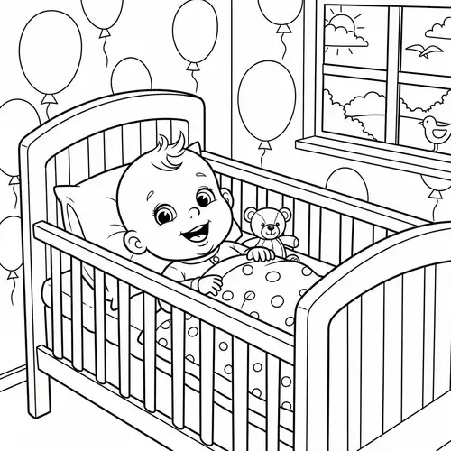 Happy Baby in a Crib Coloring Book Page