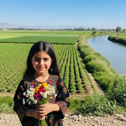 Cheerful Middle-Eastern Girl with Bouquet of Flowers at Green Farm