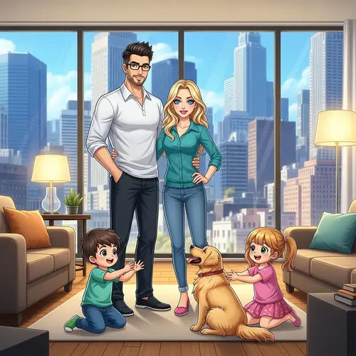 Modern Family enjoying time with kids and dog in city-view living room